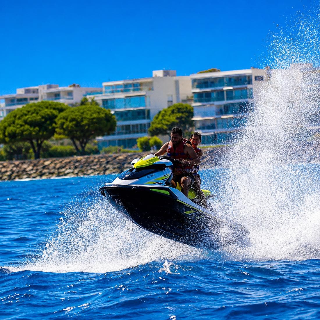 Jet ski bondissant au-dessus de l'eau, embruns en pleine lumière